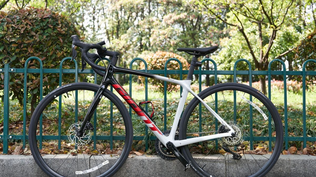 Vélo de route carbone à freins à disque posé contre une grille de parc en automne